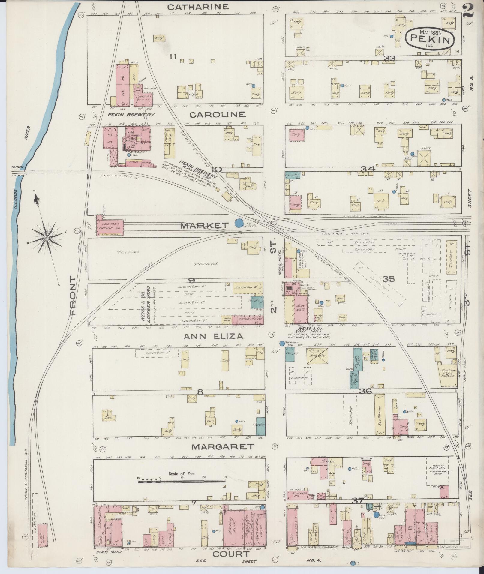 Sanborn Fire Insurance Map from Pekin, Tazewell County, Illinois (1885), Sheet #0002 - Complete Map Set gallery image, historic Sanborn map, vintage wall art, Illinois Illinois