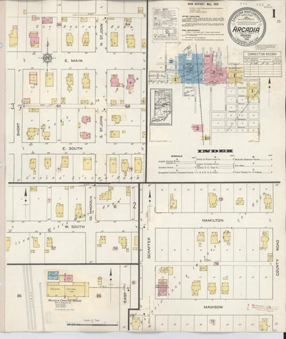 Sanborn Fire Insurance Map from Arcadia, Hamilton County, Indiana (1933), Sheet #0001 - Complete Map Set gallery image, historic Sanborn map, vintage wall art, Indiana Indiana