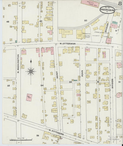 Sanborn Fire Insurance Map from Greensburg, Westmoreland County, Pennsylvania (1891), Sheet #0008 - Historic Sanborn Fire Insurance Map Print, vintage old map wall art, antique decor, genealogy gift, Pennsylvania Pennsylvania map