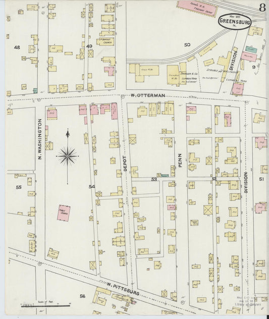 Sanborn Fire Insurance Map from Greensburg, Westmoreland County, Pennsylvania (1891), Sheet #0008 - Historic Sanborn Fire Insurance Map Print, vintage old map wall art, antique decor, genealogy gift, Pennsylvania Pennsylvania map