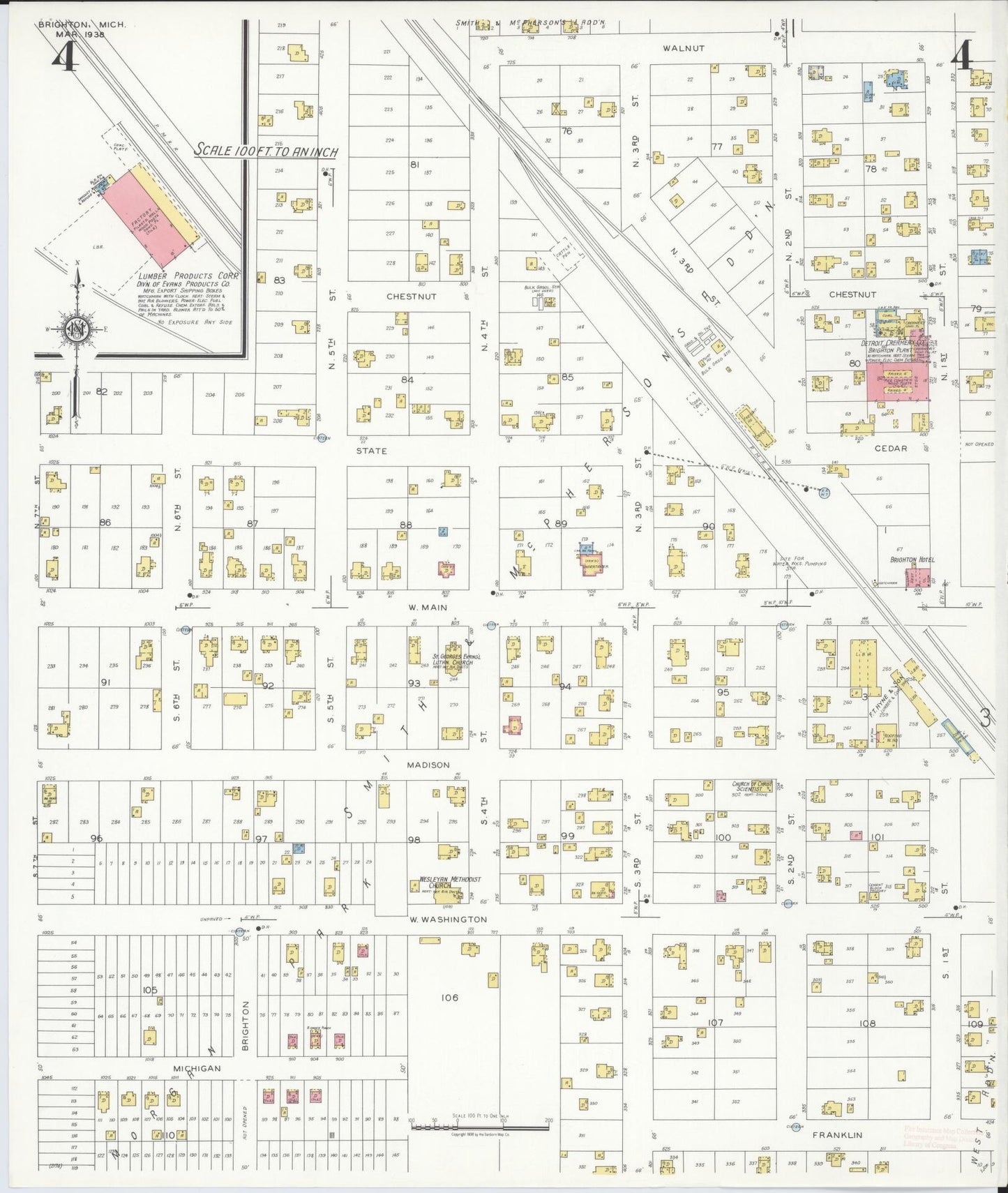 Sanborn Fire Insurance Map from Brighton, Livington County, Michigan (1938), Sheet #0004 - Complete Map Set gallery image, historic Sanborn map, vintage wall art, Michigan Michigan