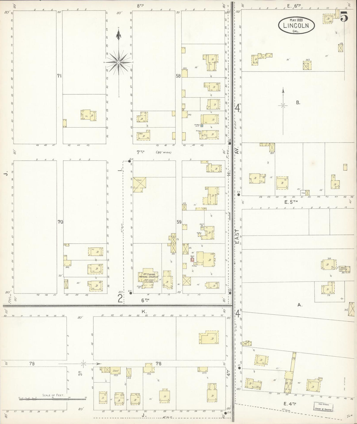 Sanborn Fire Insurance Map from Lincoln, Placer County, California (1899), Sheet #0005 - Complete Map Set gallery image, historic Sanborn map, vintage wall art, California California