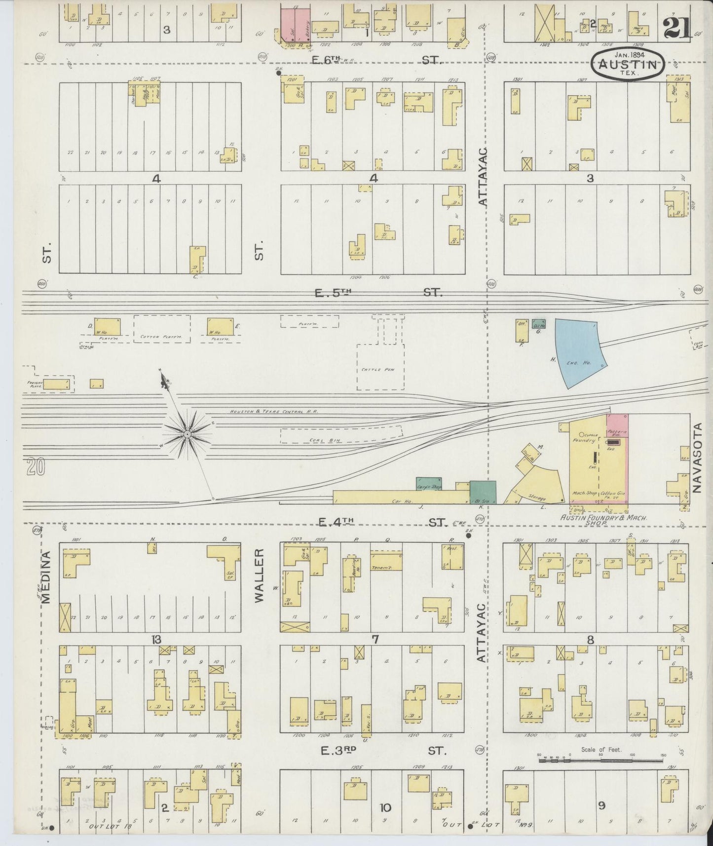 Sanborn Fire Insurance Map from Austin, Travis County, Texas (1894), Sheet #0021 - Historic Sanborn Fire Insurance Map Print, vintage old map wall art, antique decor, genealogy gift, Texas Texas map