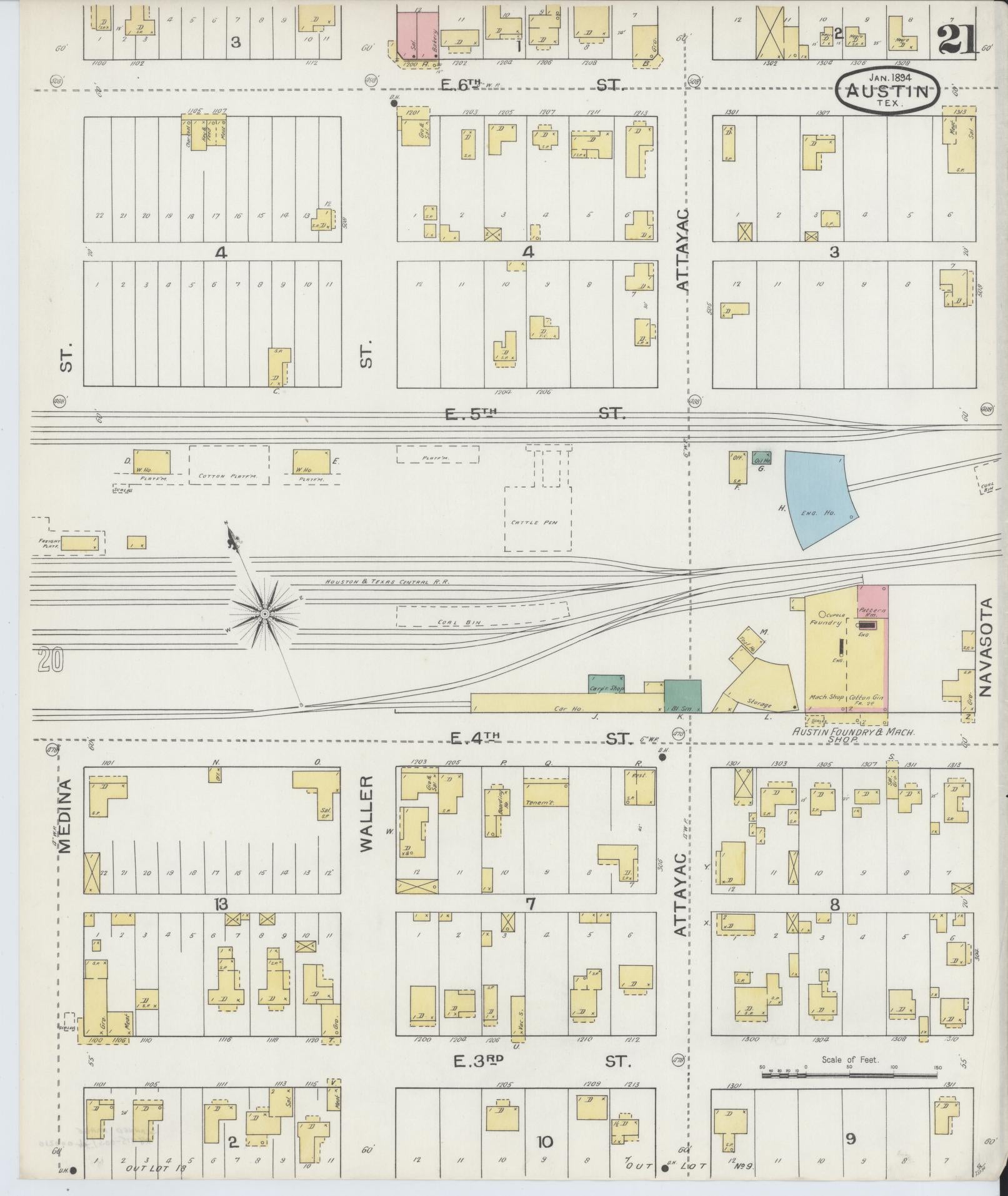 Sanborn Fire Insurance Map from Austin, Travis County, Texas (1894), Sheet #0021 - Historic Sanborn Fire Insurance Map Print, vintage old map wall art, antique decor, genealogy gift, Texas Texas map