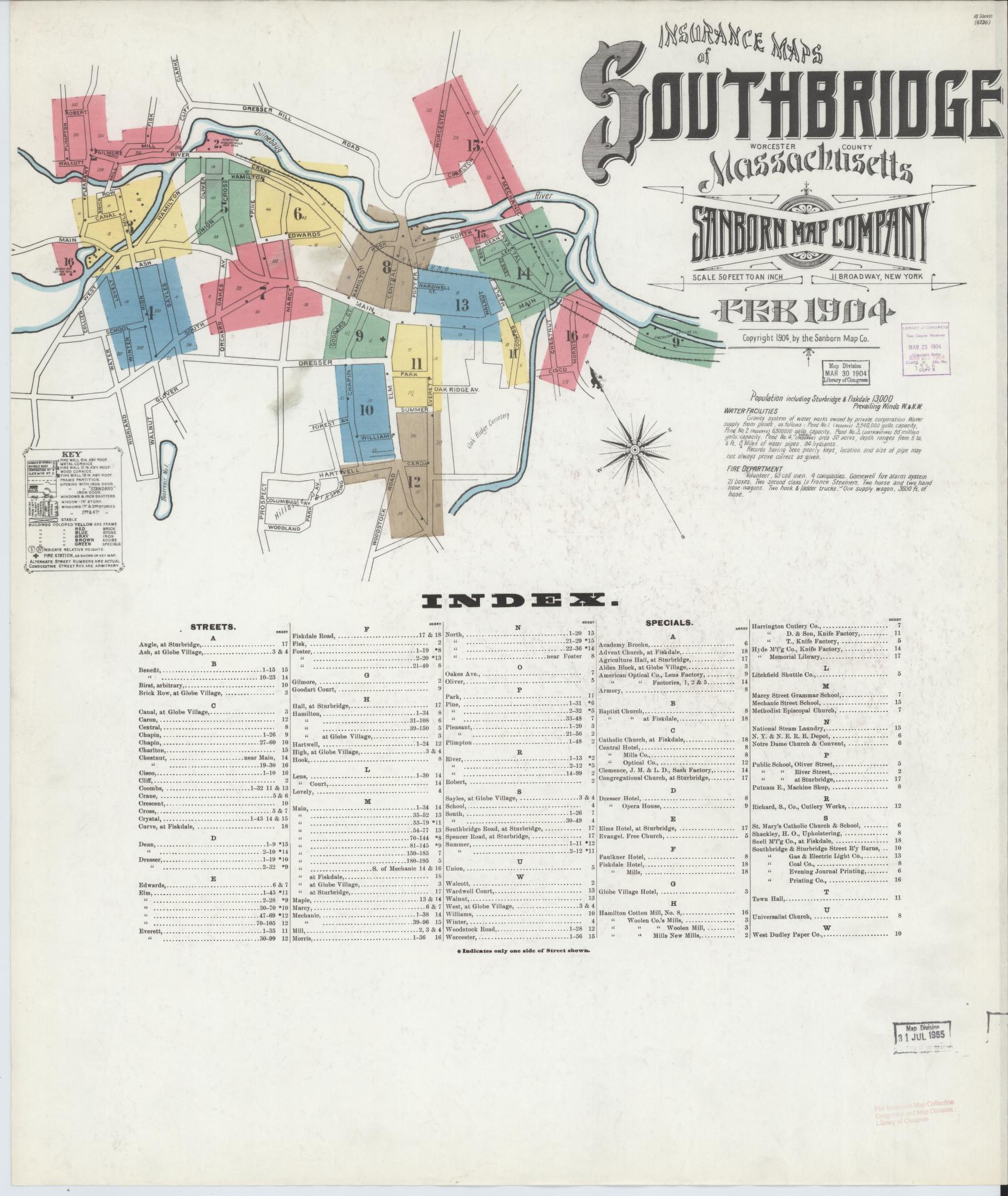 Sanborn Fire Insurance Map from Southbridge, Worcester County, Massachusetts (1904), Sheet #0001 - Historic Sanborn Fire Insurance Map Print, vintage old map wall art, antique decor, genealogy gift, Massachusetts Massachusetts map
