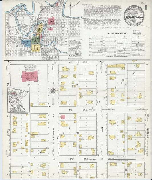 Sanborn Fire Insurance Map from Red Lake Falls, Red Lake County, Minnesota (1918), Sheet #0001 - Historic Sanborn Fire Insurance Map Print, vintage old map wall art, antique decor, genealogy gift, Minnesota Minnesota map