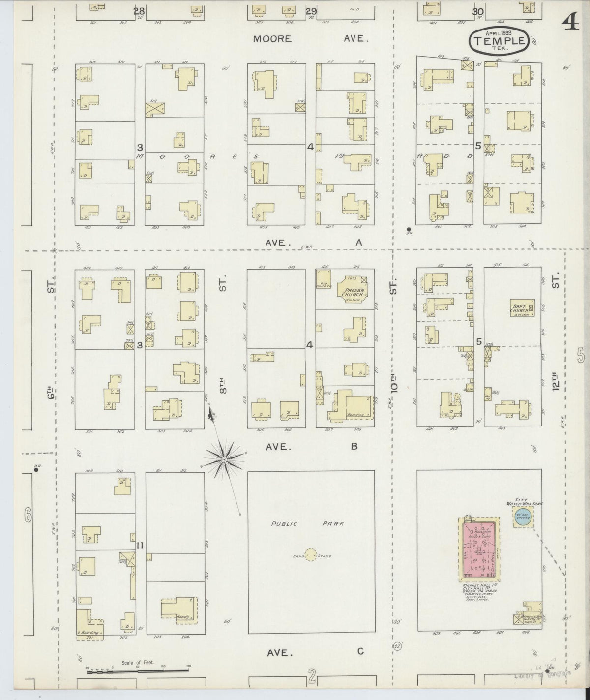 Sanborn Fire Insurance Map from Temple, Bell County, Texas (1893), Sheet #0004 - Complete Map Set gallery image, historic Sanborn map, vintage wall art, Texas Texas