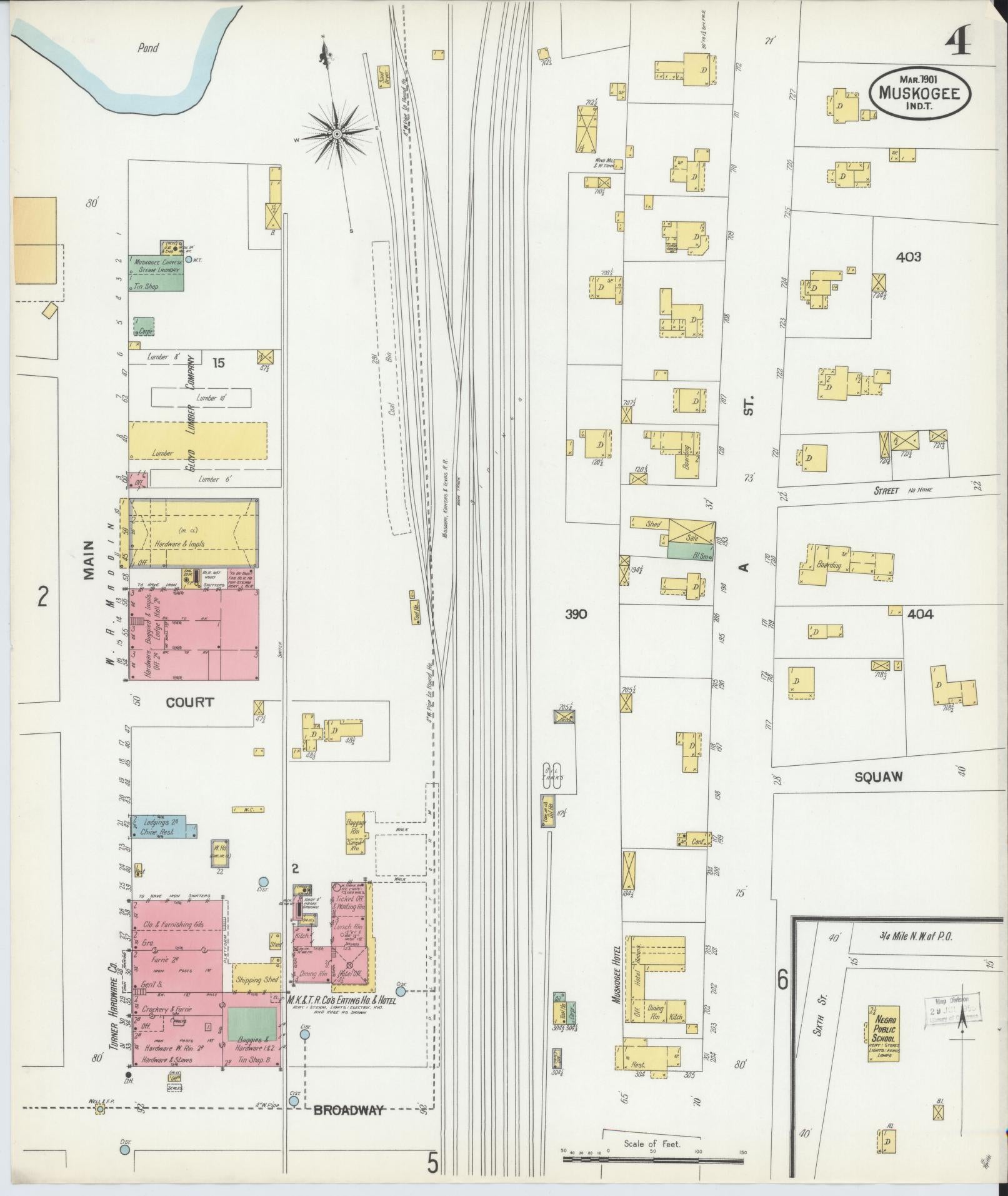 Sanborn Fire Insurance Map from Muskogee, Muskogee County, Oklahoma (1901), Sheet #0004 - Complete Map Set gallery image, historic Sanborn map, vintage wall art, Oklahoma Oklahoma