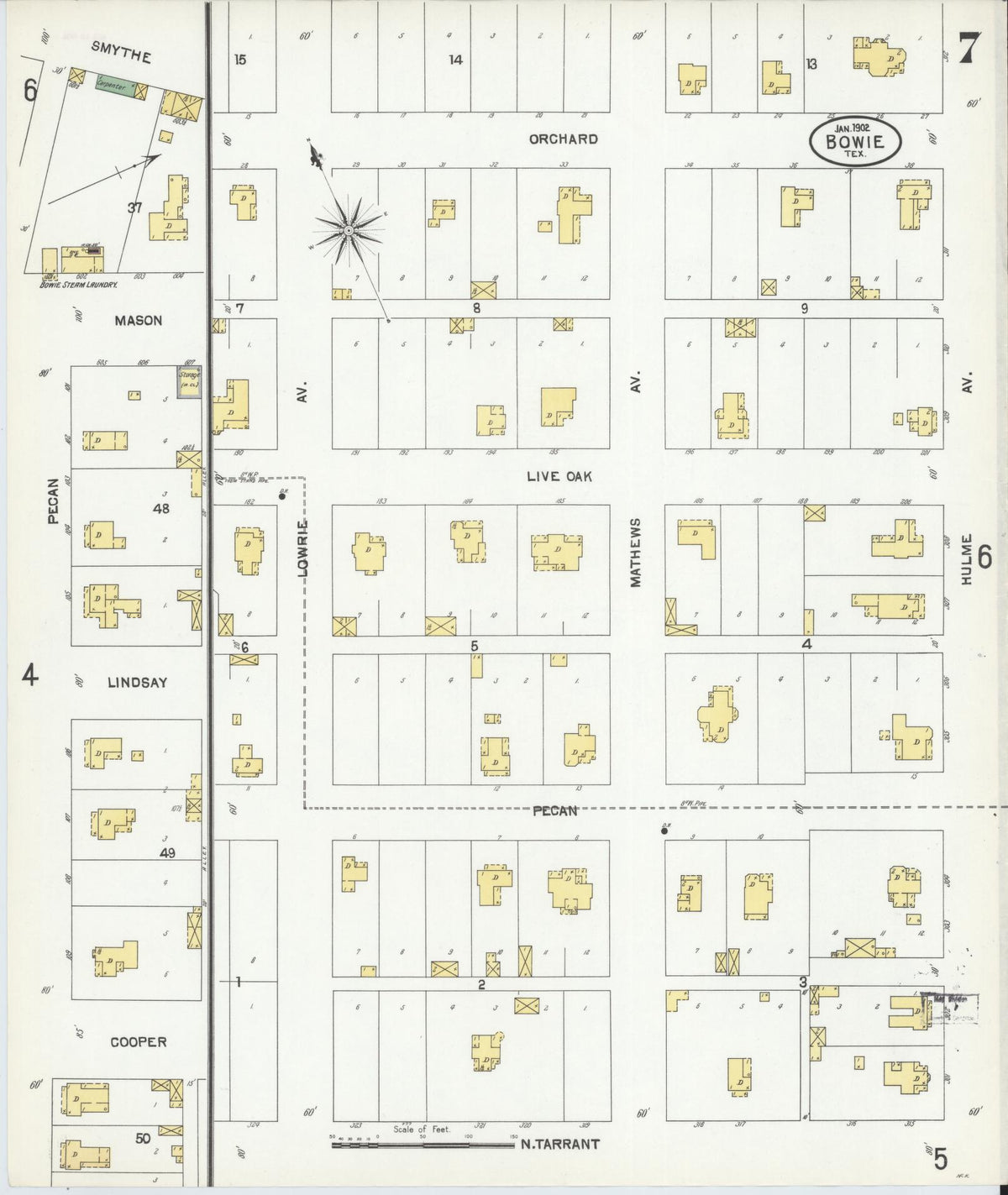 Sanborn Fire Insurance Map from Bowie, Montague County, Texas (1902), Sheet #0007 - Complete Map Set gallery image, historic Sanborn map, vintage wall art, Texas Texas