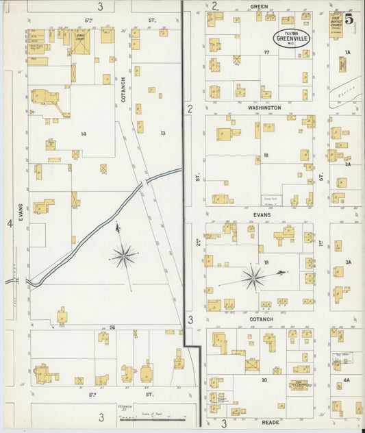Sanborn Fire Insurance Map from Greenville, Pitt County, North Carolina (1900), Sheet #0005 - Historic Sanborn Fire Insurance Map Print, vintage old map wall art, antique decor, genealogy gift, North Carolina North Carolina map
