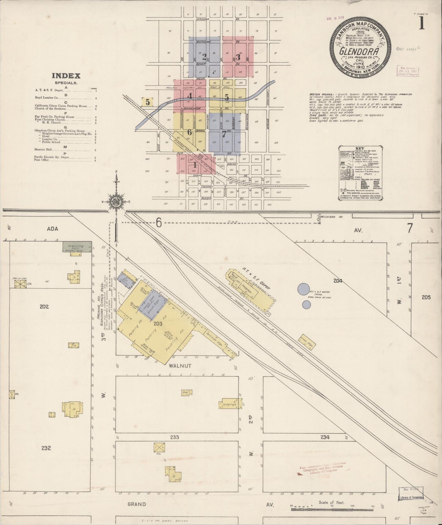 Sanborn Fire Insurance Map from Glendora, Los Angeles County, California (1910), Sheet #0001 - Complete Map Set gallery image, historic Sanborn map, vintage wall art, California California
