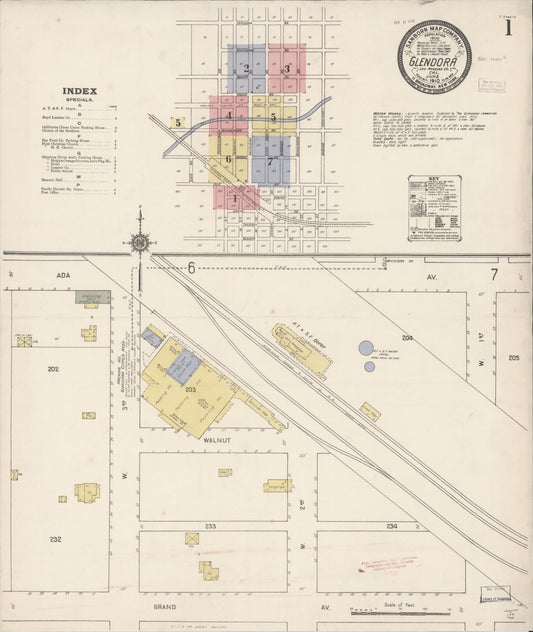 Sanborn Fire Insurance Map from Glendora, Los Angeles County, California (1910), Sheet #0001 - Complete Map Set gallery image, historic Sanborn map, vintage wall art, California California