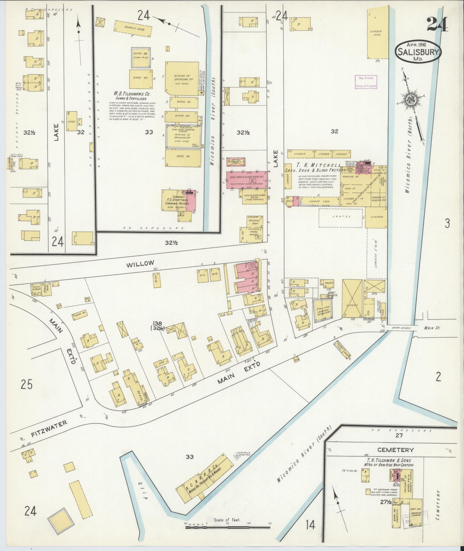 Sanborn Fire Insurance Map from Salisbury, Wicomico County, Maryland (1916), Sheet #0024 - Historic Sanborn Fire Insurance Map Print, vintage old map wall art, antique decor, genealogy gift, Maryland Maryland map