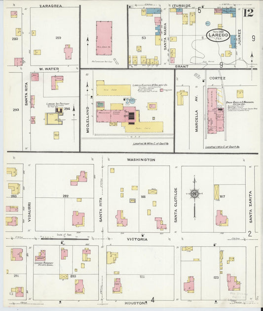 Sanborn Fire Insurance Map from Laredo, Webb County, Texas (1909), Sheet #0012 - Historic Sanborn Fire Insurance Map Print, vintage old map wall art, antique decor, genealogy gift, Texas Texas map