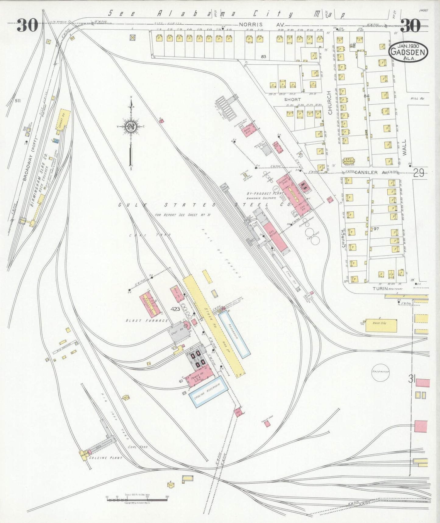 Sanborn Fire Insurance Map from Gadsden, Etowah County, Alabama (1930), Sheet #0030 - Historic Sanborn Fire Insurance Map Print, vintage old map wall art, antique decor, genealogy gift, Alabama Alabama map