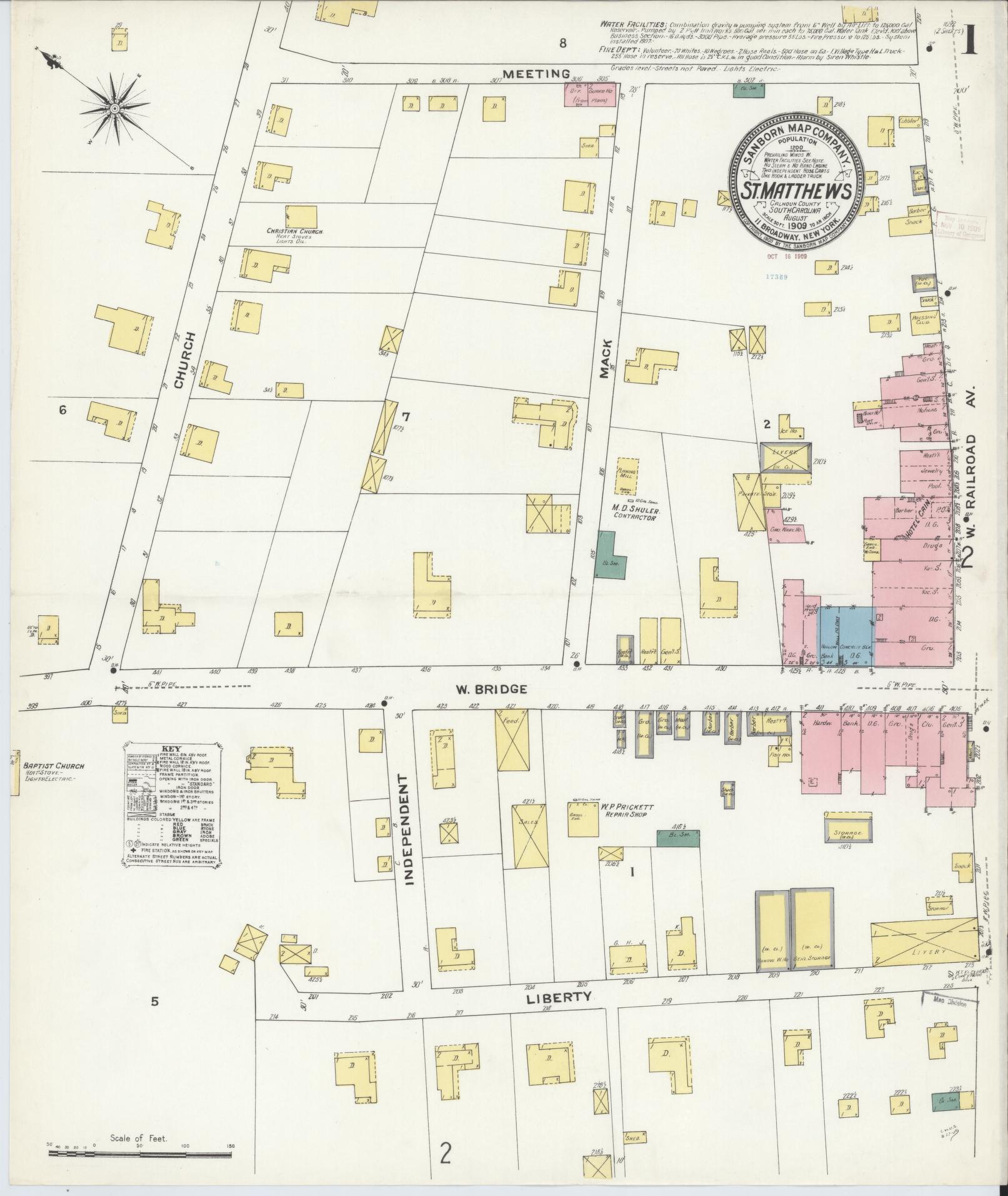 Sanborn Fire Insurance Map from Saint Matthews, Calhoun County, South Carolina (1909), Sheet #0001 - Complete Map Set gallery image, historic Sanborn map, vintage wall art, South Carolina South Carolina