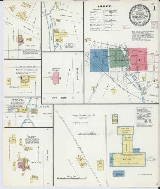 Sanborn Fire Insurance Map from Manchester, Washtenaw County, Michigan (1907), Sheet #0001 - Complete Map Set gallery image, historic Sanborn map, vintage wall art, Michigan Michigan