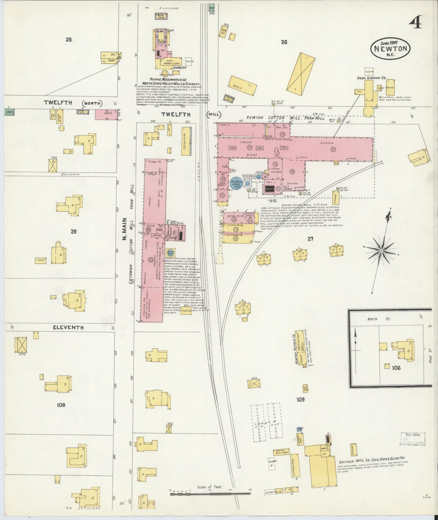 Sanborn Fire Insurance Map from Newton, Catawba County, North Carolina (1907), Sheet #0004 - Historic Sanborn Fire Insurance Map Print, vintage old map wall art, antique decor, genealogy gift, North Carolina North Carolina map