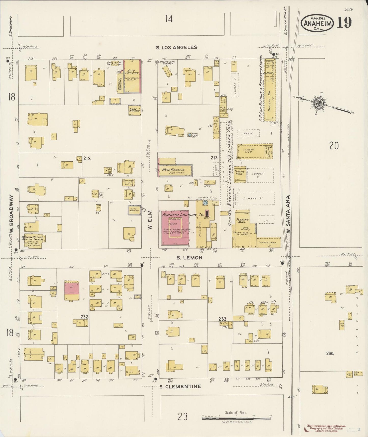 Sanborn Fire Insurance Map from Anaheim, Orange County, California (1922), Sheet #0019 - Historic Sanborn Fire Insurance Map Print, vintage old map wall art, antique decor, genealogy gift, California California map