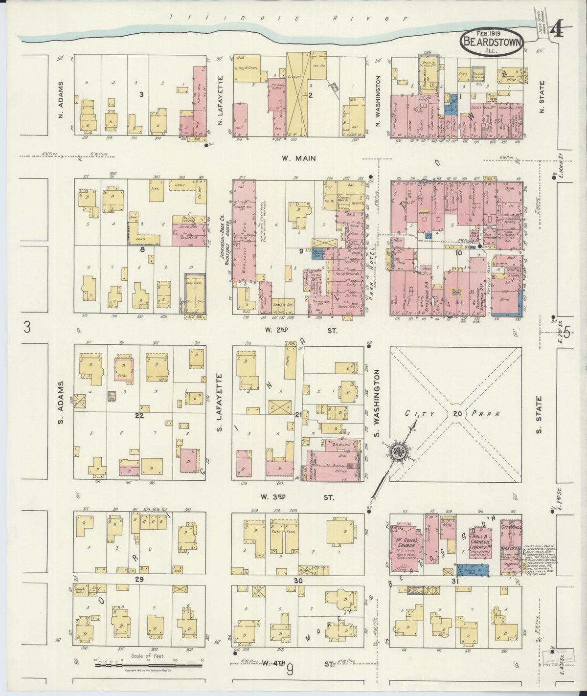 Sanborn Fire Insurance Map from Beardstown, Cass County, Illinois (1919), Sheet #0004 - Historic Sanborn Fire Insurance Map Print, vintage old map wall art, antique decor, genealogy gift, Illinois Illinois map