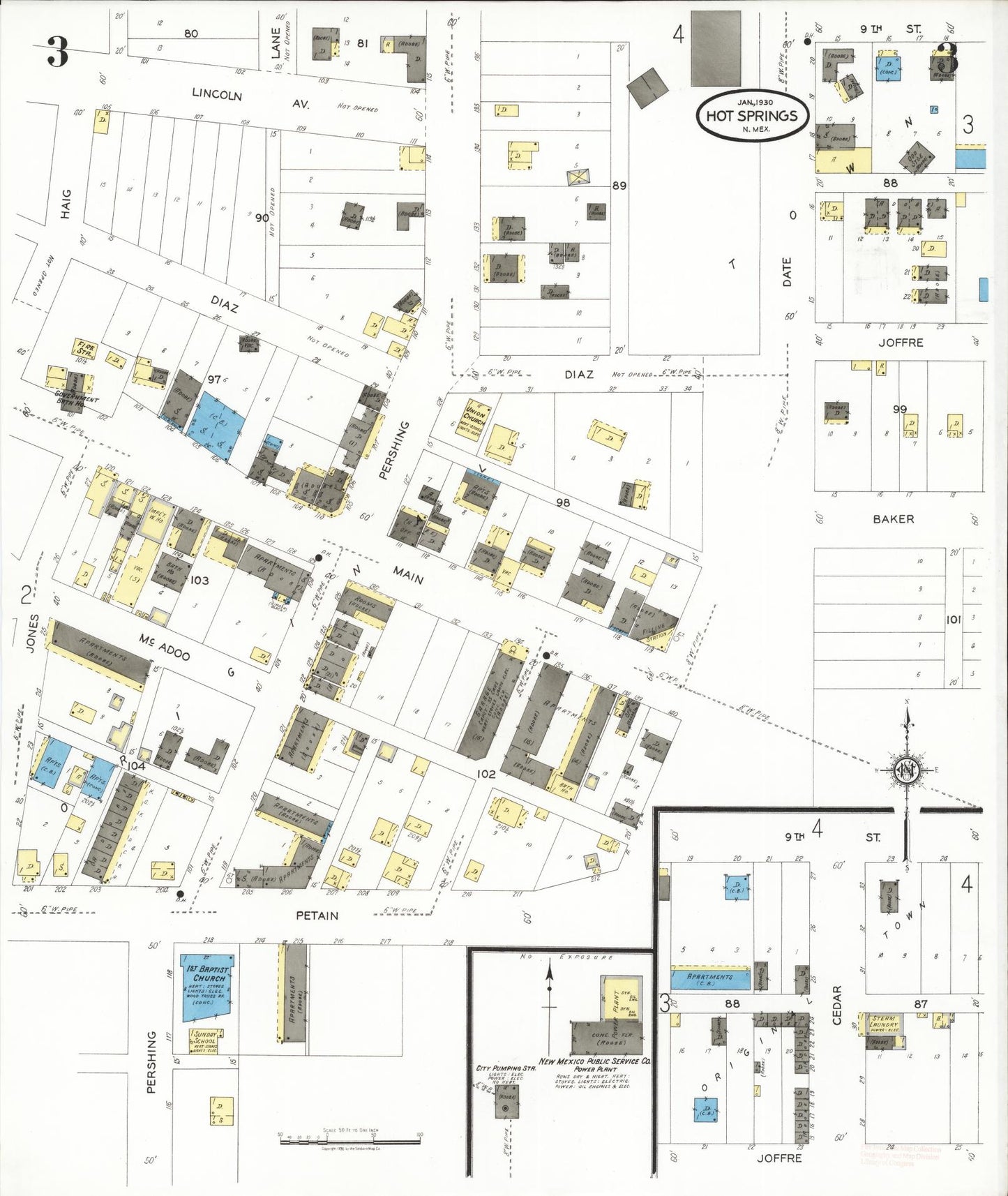 Sanborn Fire Insurance Map from Hot Springs, Sierra County, New Mexico (1930), Sheet #0003 - Historic Sanborn Fire Insurance Map Print, vintage old map wall art, antique decor, genealogy gift, New Mexico New Mexico map