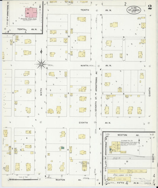 Sanborn Fire Insurance Map from Saint James, Watonwan County, Minnesota (1908), Sheet #0002 - Historic Sanborn Fire Insurance Map Print, vintage old map wall art, antique decor, genealogy gift, Minnesota Minnesota map