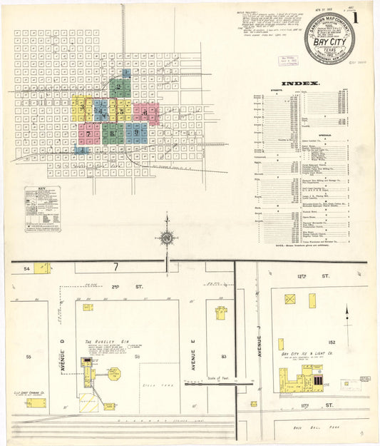 Sanborn Fire Insurance Map from Bay City, Matagorda County, Texas (1912), Sheet #0001 - Historic Sanborn Fire Insurance Map Print, vintage old map wall art, antique decor, genealogy gift, Texas Texas map