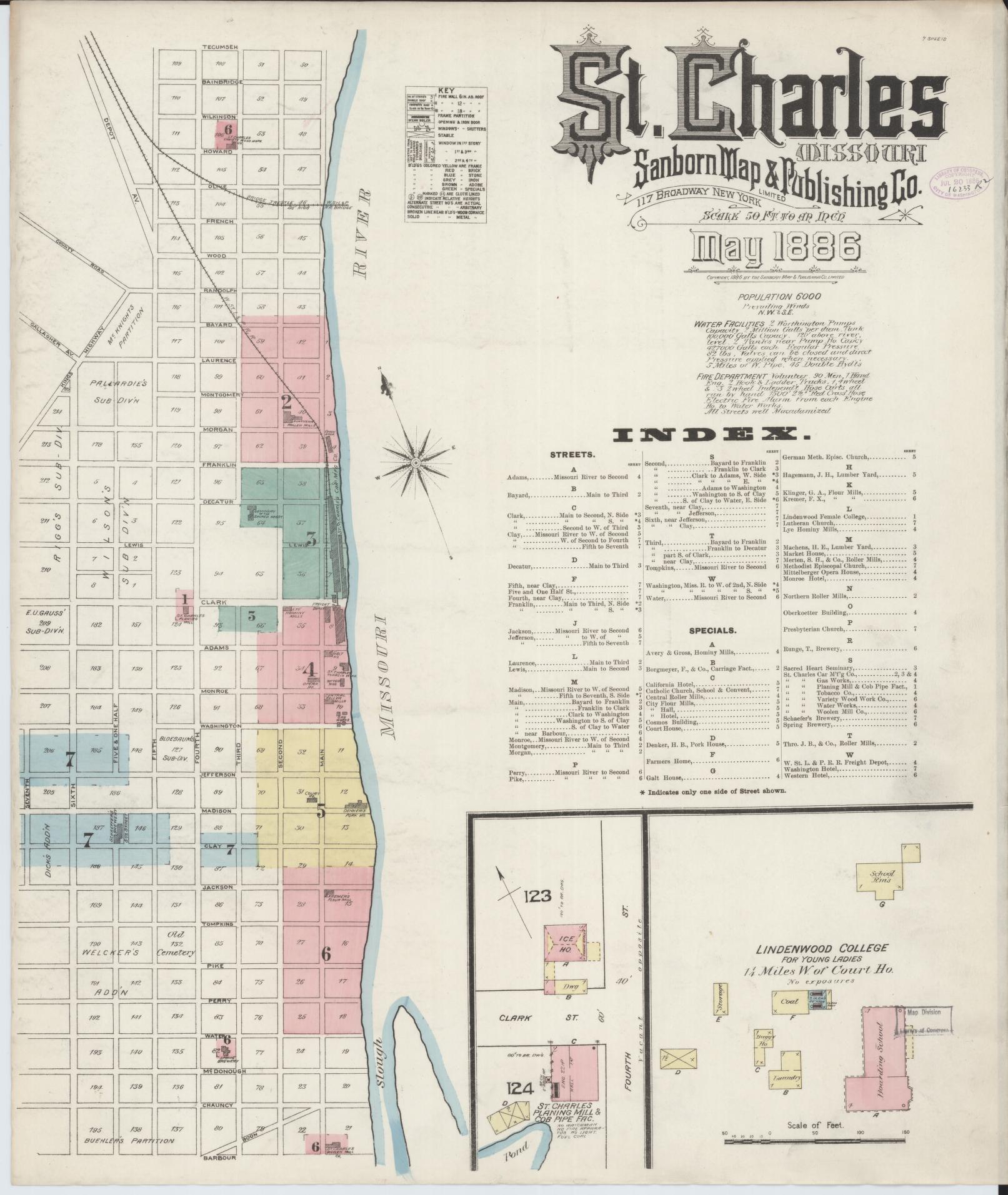 Sanborn Fire Insurance Map from Saint Charles, Saint Charles County, Missouri (1886), Sheet #0001 - Historic Sanborn Fire Insurance Map Print, vintage old map wall art, antique decor, genealogy gift, Missouri Missouri map