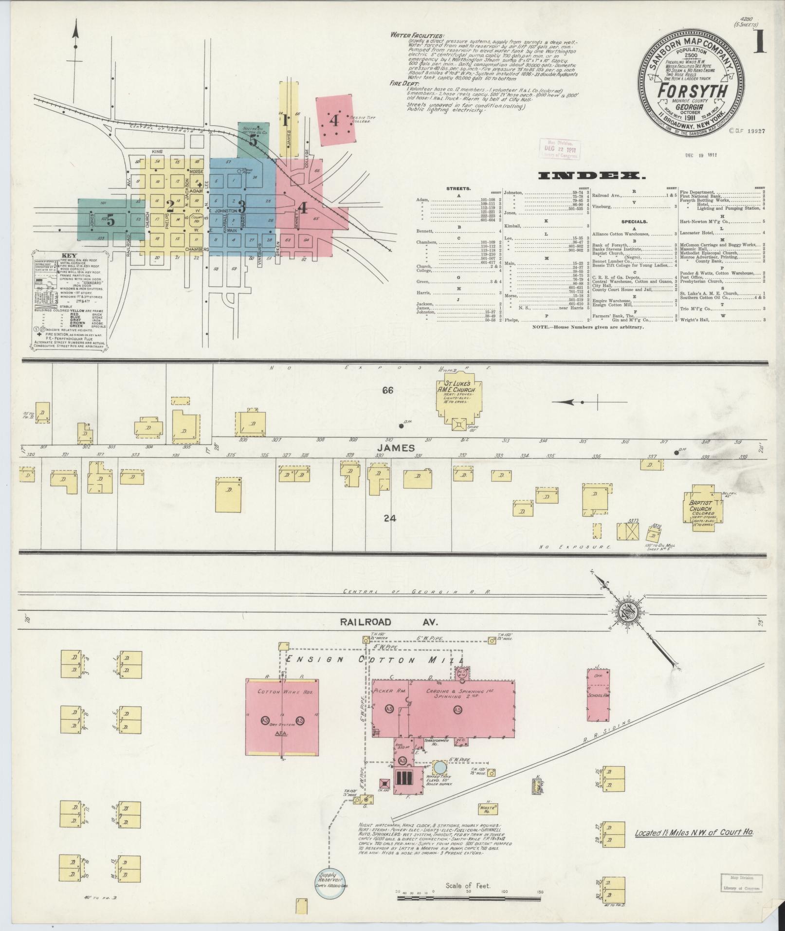 Sanborn Fire Insurance Map from Forsyth, Monroe County, Georgia (1911), Sheet #0001 - Historic Sanborn Fire Insurance Map Print, vintage old map wall art, antique decor, genealogy gift, Georgia Georgia map