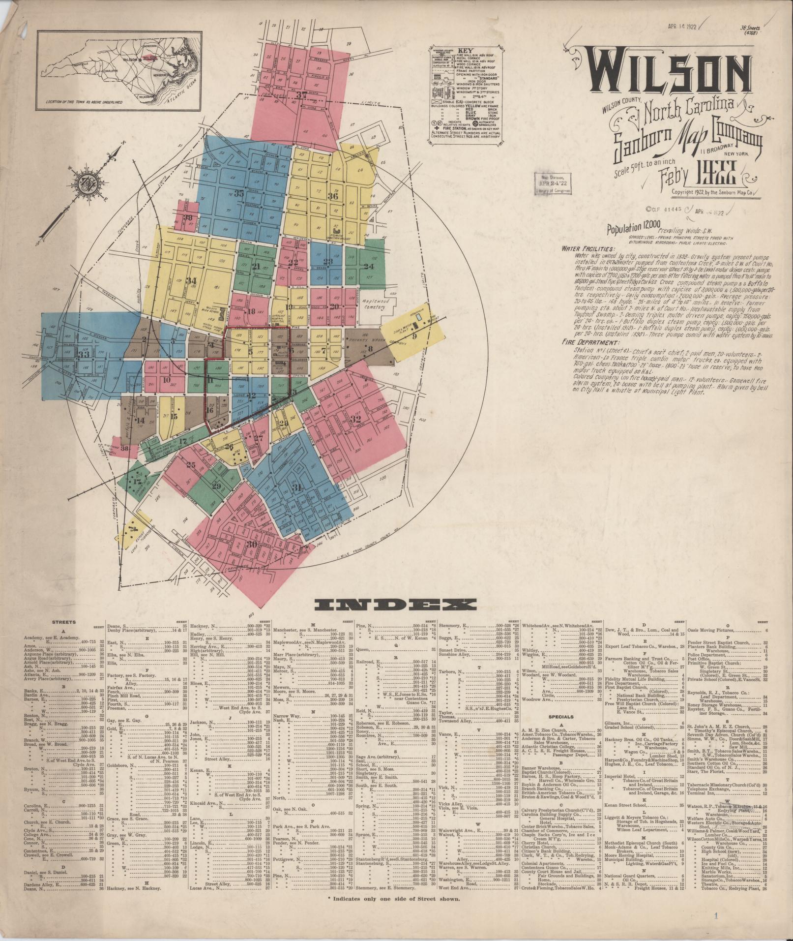 Sanborn Fire Insurance Map from Wilson, Wilson County, North Carolina (1922), Sheet #0001 - Complete Map Set gallery image, historic Sanborn map, vintage wall art, North Carolina North Carolina