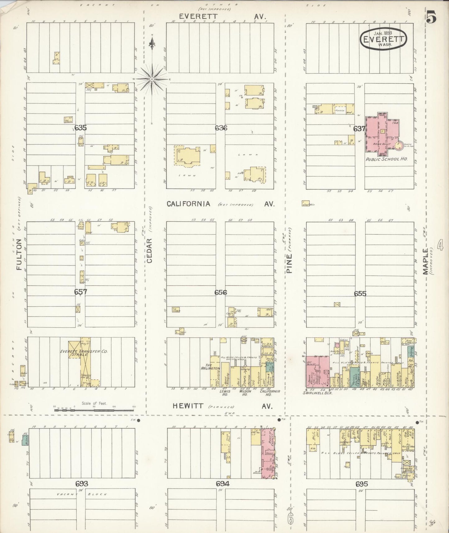 Sanborn Fire Insurance Map from Everett, Snohomish County, Washington (1893), Sheet #0004 - Historic Sanborn Fire Insurance Map Print, vintage old map wall art, antique decor, genealogy gift, Washington Washington map