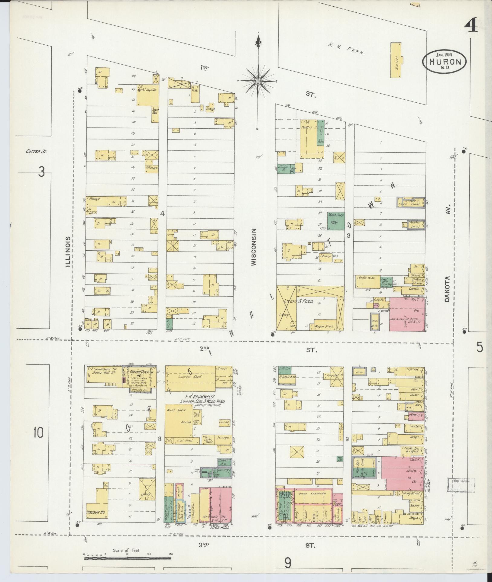 Sanborn Fire Insurance Map from Huron, Beadle County, South Dakota (1904), Sheet #0004 - Historic Sanborn Fire Insurance Map Print, vintage old map wall art, antique decor, genealogy gift, South Dakota South Dakota map