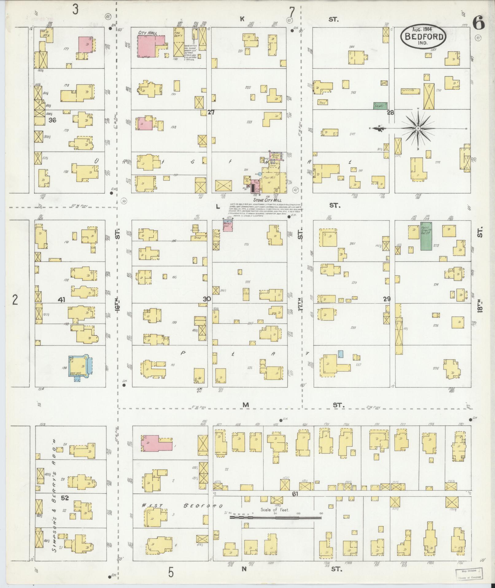 Sanborn Fire Insurance Map from Bedford, Lawrence County, Indiana (1904), Sheet #0006 - Historic Sanborn Fire Insurance Map Print, vintage old map wall art, antique decor, genealogy gift, Indiana Indiana map
