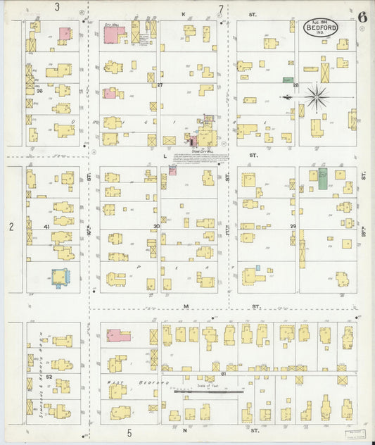 Sanborn Fire Insurance Map from Bedford, Lawrence County, Indiana (1904), Sheet #0006 - Historic Sanborn Fire Insurance Map Print, vintage old map wall art, antique decor, genealogy gift, Indiana Indiana map