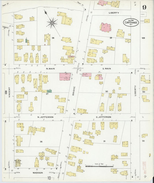 Sanborn Fire Insurance Map from Carthage, Jefferson County, New York (1908), Sheet #0009 - Historic Sanborn Fire Insurance Map Print, vintage old map wall art, antique decor, genealogy gift, New York New York map