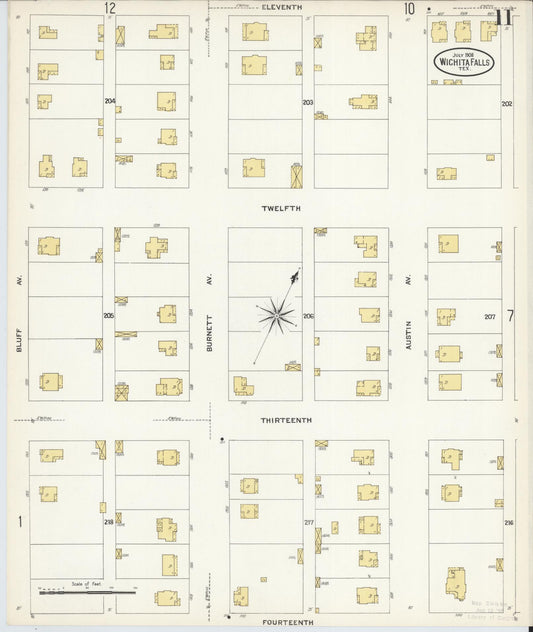 Sanborn Fire Insurance Map from Wichita Falls, Wichita County, Texas (1908), Sheet #0011 - Historic Sanborn Fire Insurance Map Print, vintage old map wall art, antique decor, genealogy gift, Texas Texas map
