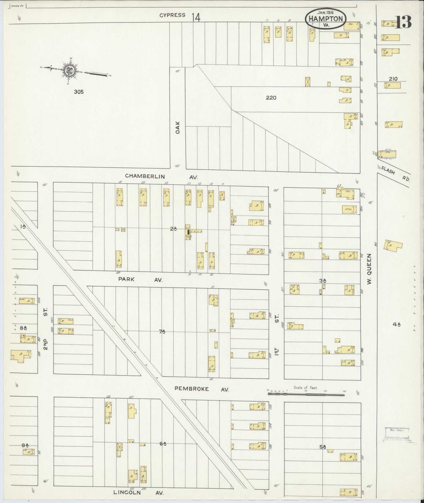 Sanborn Fire Insurance Map from Hampton, Independent Cities, Virginia (1916), Sheet #0013 - Complete Map Set gallery image, historic Sanborn map, vintage wall art, Virginia Virginia
