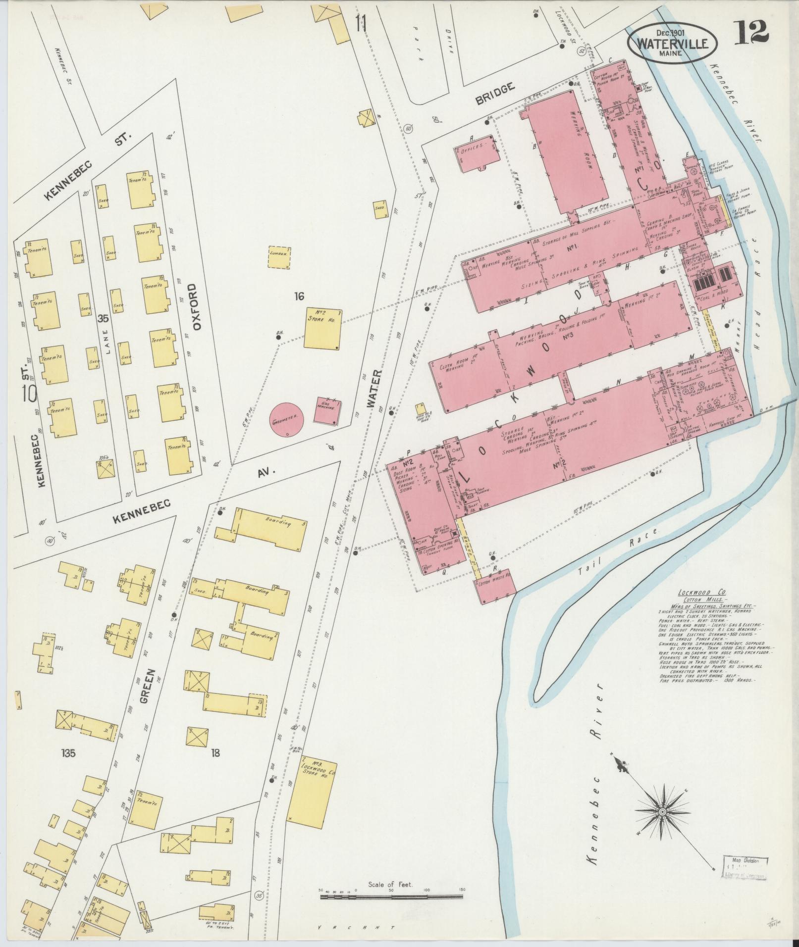 Sanborn Fire Insurance Map from Waterville, Kennebec County, Maine (1901), Sheet #0012 - Historic Sanborn Fire Insurance Map Print, vintage old map wall art, antique decor, genealogy gift, Maine Maine map