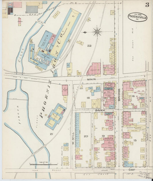 Sanborn Fire Insurance Map from Phoenixville, Chester County, Pennsylvania (1886), Sheet #0003 - Historic Sanborn Fire Insurance Map Print, vintage old map wall art, antique decor, genealogy gift, Pennsylvania Pennsylvania map