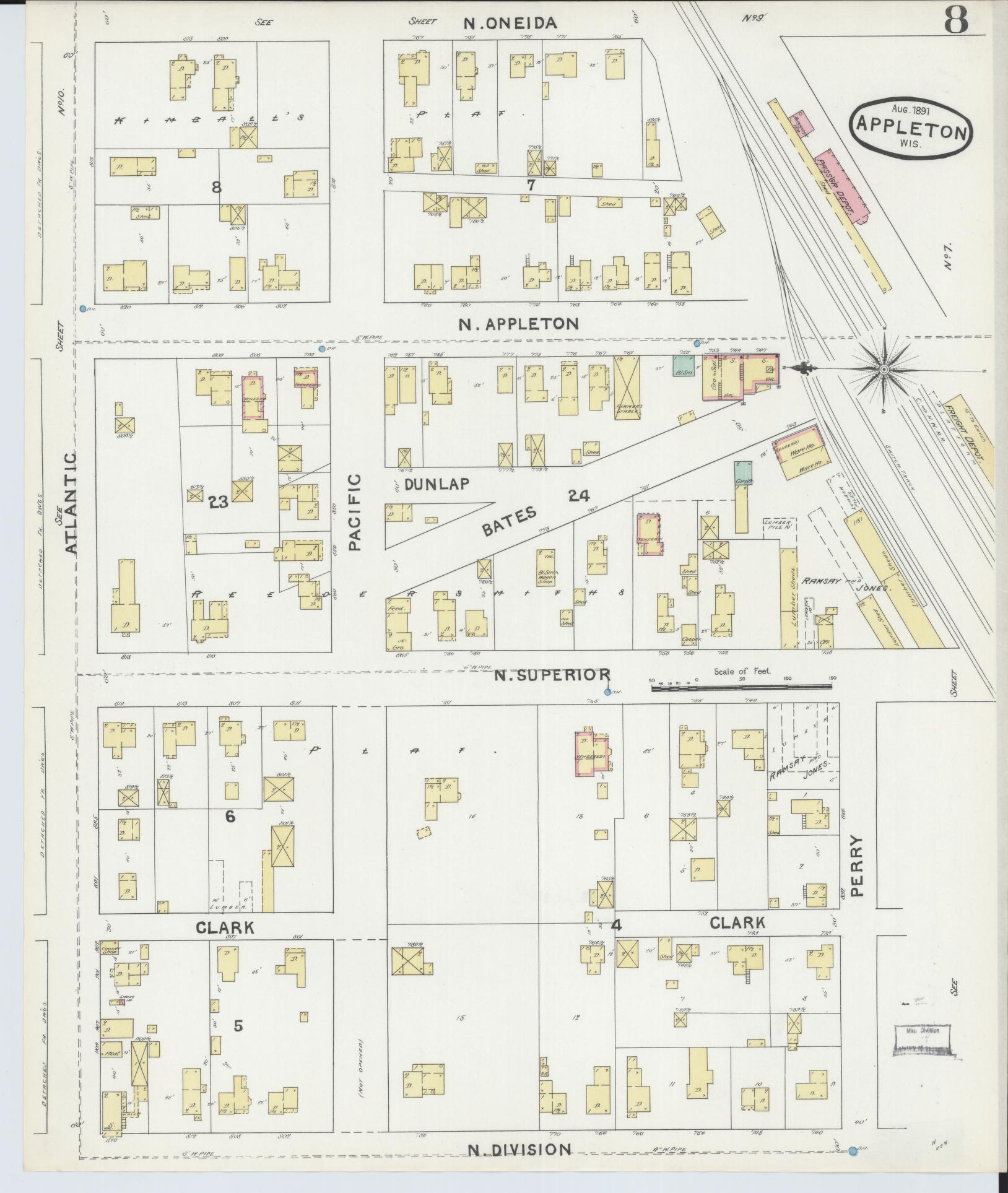Sanborn Fire Insurance Map from Appleton, Outagamie County, Wisconsin (1891), Sheet #0008 - Complete Map Set gallery image, historic Sanborn map, vintage wall art, Wisconsin Wisconsin