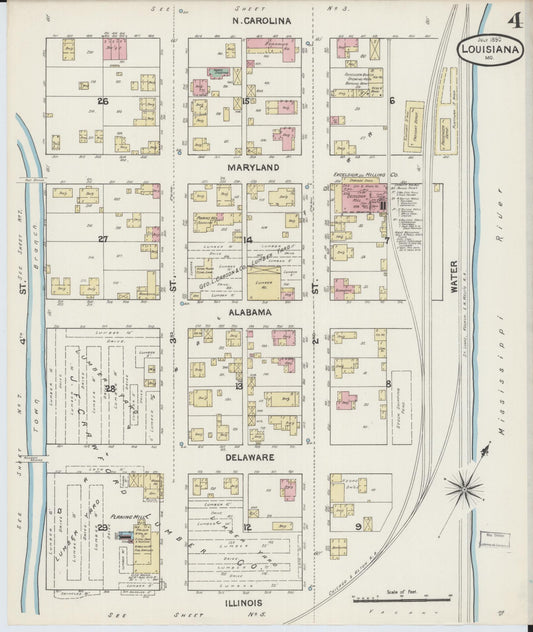 Sanborn Fire Insurance Map from Louisiana, Pike County, Missouri (1890), Sheet #0004 - Historic Sanborn Fire Insurance Map Print, vintage old map wall art, antique decor, genealogy gift, Missouri Missouri map