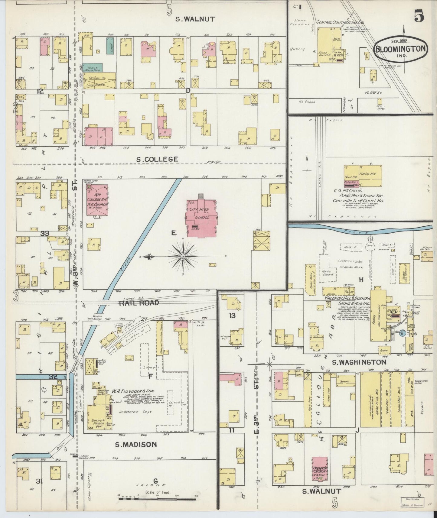 Sanborn Fire Insurance Map from Bloomington, Monroe County, Indiana (1892), Sheet #0005 - Historic Sanborn Fire Insurance Map Print, vintage old map wall art, antique decor, genealogy gift, Indiana Indiana map