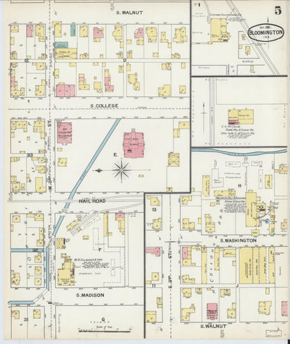 Sanborn Fire Insurance Map from Bloomington, Monroe County, Indiana (1892), Sheet #0005 - Historic Sanborn Fire Insurance Map Print, vintage old map wall art, antique decor, genealogy gift, Indiana Indiana map