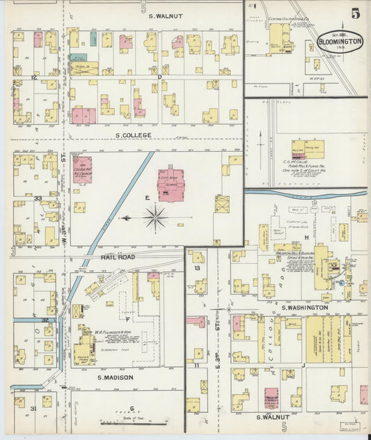 Sanborn Fire Insurance Map from Bloomington, Monroe County, Indiana (1892), Sheet #0005 - Historic Sanborn Fire Insurance Map Print, vintage old map wall art, antique decor, genealogy gift, Indiana Indiana map
