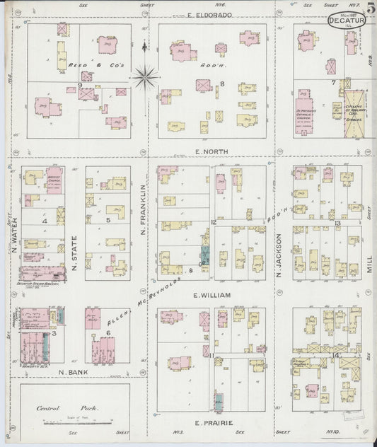 Sanborn Fire Insurance Map from Decatur, Macon County, Illinois (1887), Sheet #0005 - Historic Sanborn Fire Insurance Map Print, vintage old map wall art, antique decor, genealogy gift, Illinois Illinois map