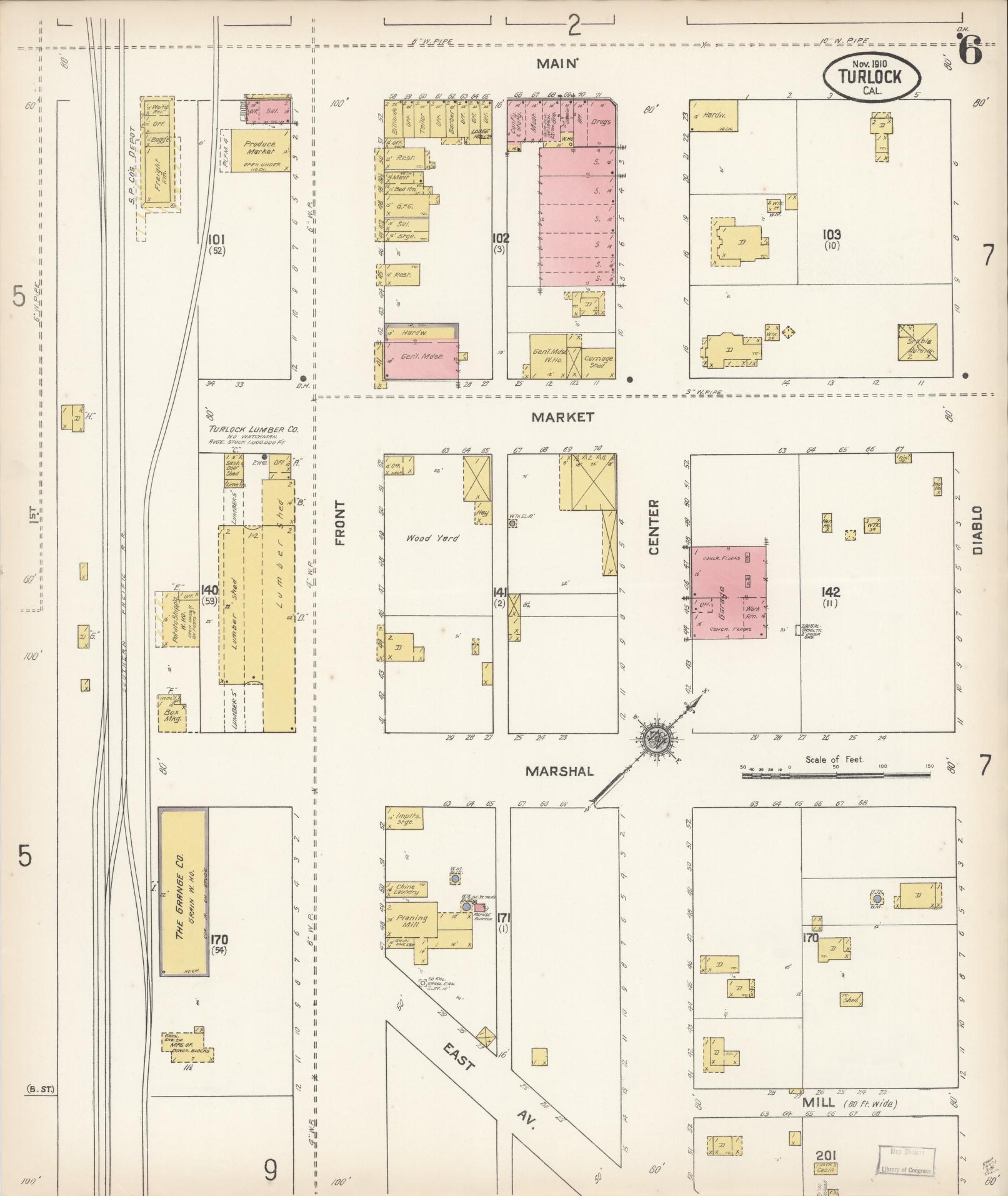 Sanborn Fire Insurance Map from Turlock, Stanislaus County, California (1910), Sheet #0006 - Complete Map Set gallery image, historic Sanborn map, vintage wall art, California California