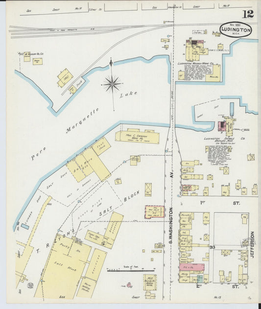 Sanborn Fire Insurance Map from Ludington, Mason County, Michigan (1890), Sheet #0012 - Historic Sanborn Fire Insurance Map Print, vintage old map wall art, antique decor, genealogy gift, Michigan Michigan map