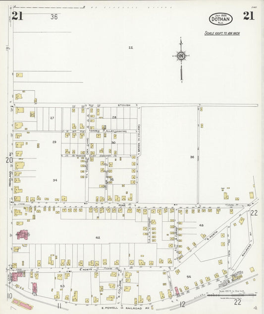 Sanborn Fire Insurance Map from Dothan, Houston County, Alabama (1924), Sheet #0021 - Historic Sanborn Fire Insurance Map Print, vintage old map wall art, antique decor, genealogy gift, Alabama Alabama map
