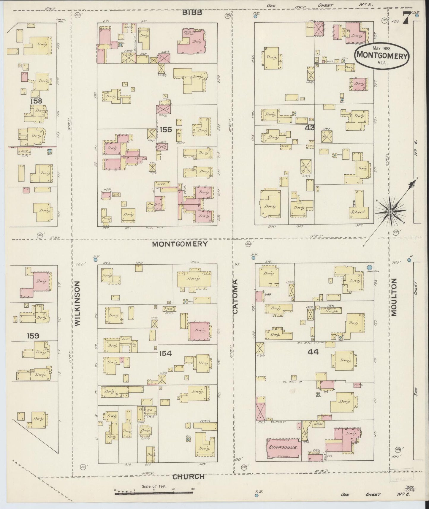 Sanborn Fire Insurance Map from Montgomery, Montgomery County, Alabama (1888), Sheet #0007 - Historic Sanborn Fire Insurance Map Print, vintage old map wall art, antique decor, genealogy gift, Alabama Alabama map