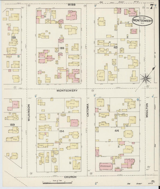 Sanborn Fire Insurance Map from Montgomery, Montgomery County, Alabama (1888), Sheet #0007 - Historic Sanborn Fire Insurance Map Print, vintage old map wall art, antique decor, genealogy gift, Alabama Alabama map